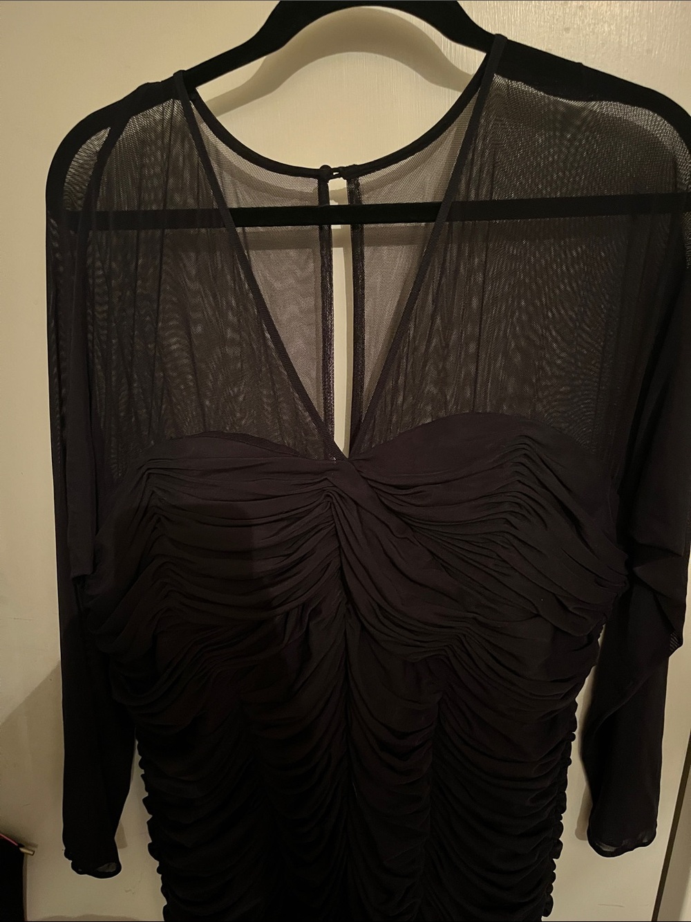 Elegant Black Ruched Maxi Dress with Sheer Yoke